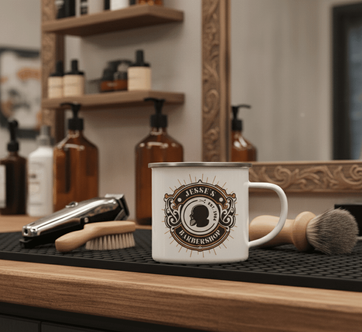A branded Jesse's Barbershop mug on a barber workstation next to some hair care tools.